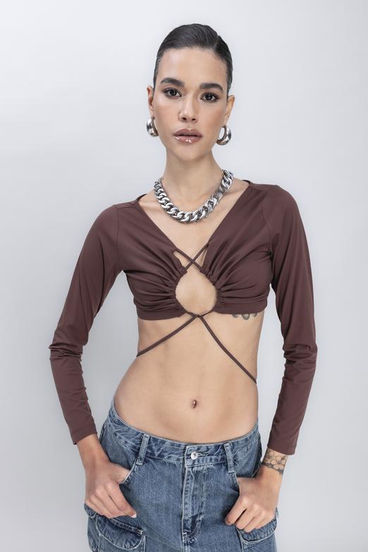 Bayan Kahverengi Bağlamalı Crop Top - BSL