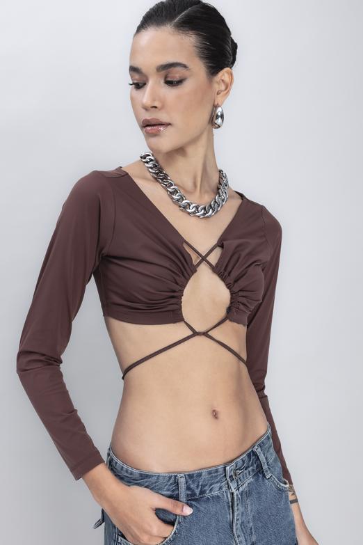 Bayan Kahverengi Bağlamalı Crop Top - BSL