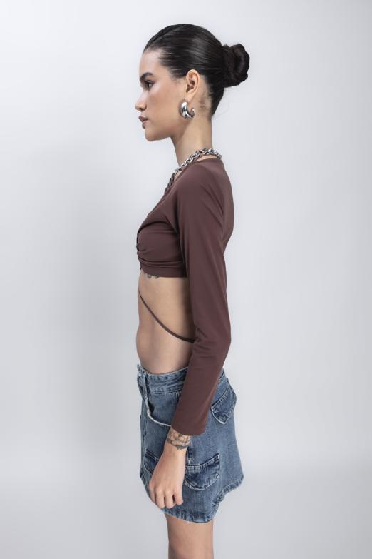 Bayan Kahverengi Bağlamalı Crop Top - BSL