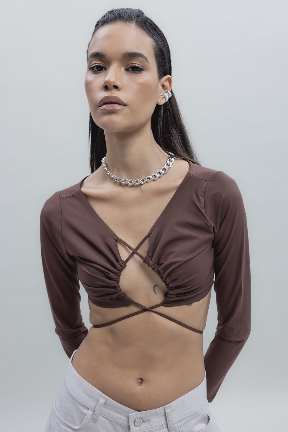 Bayan Kahverengi Bağlamalı Crop Top