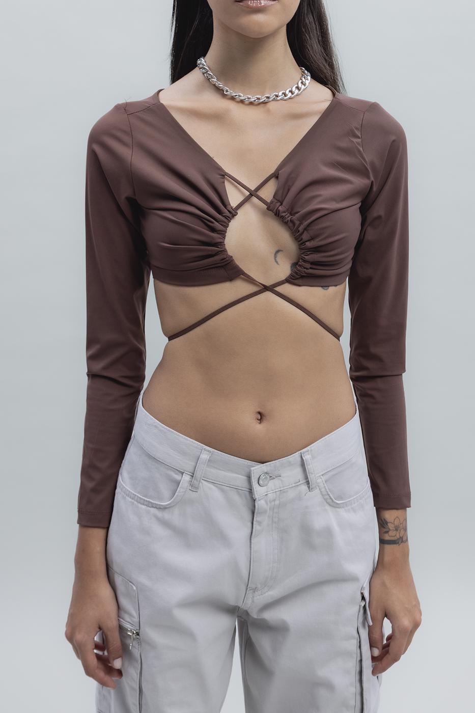 Bayan Kahverengi Bağlamalı Crop Top