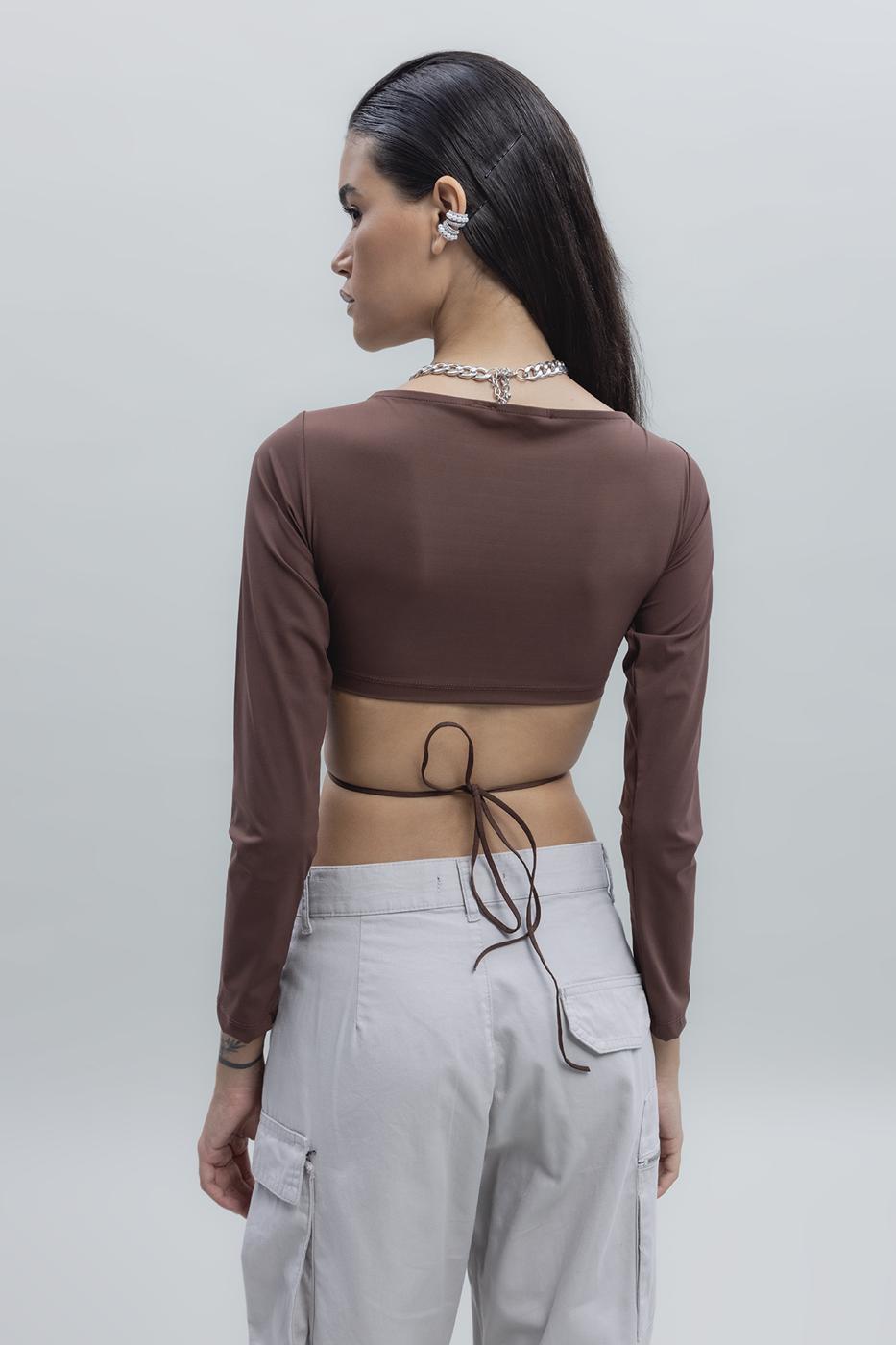 Bayan Kahverengi Bağlamalı Crop Top