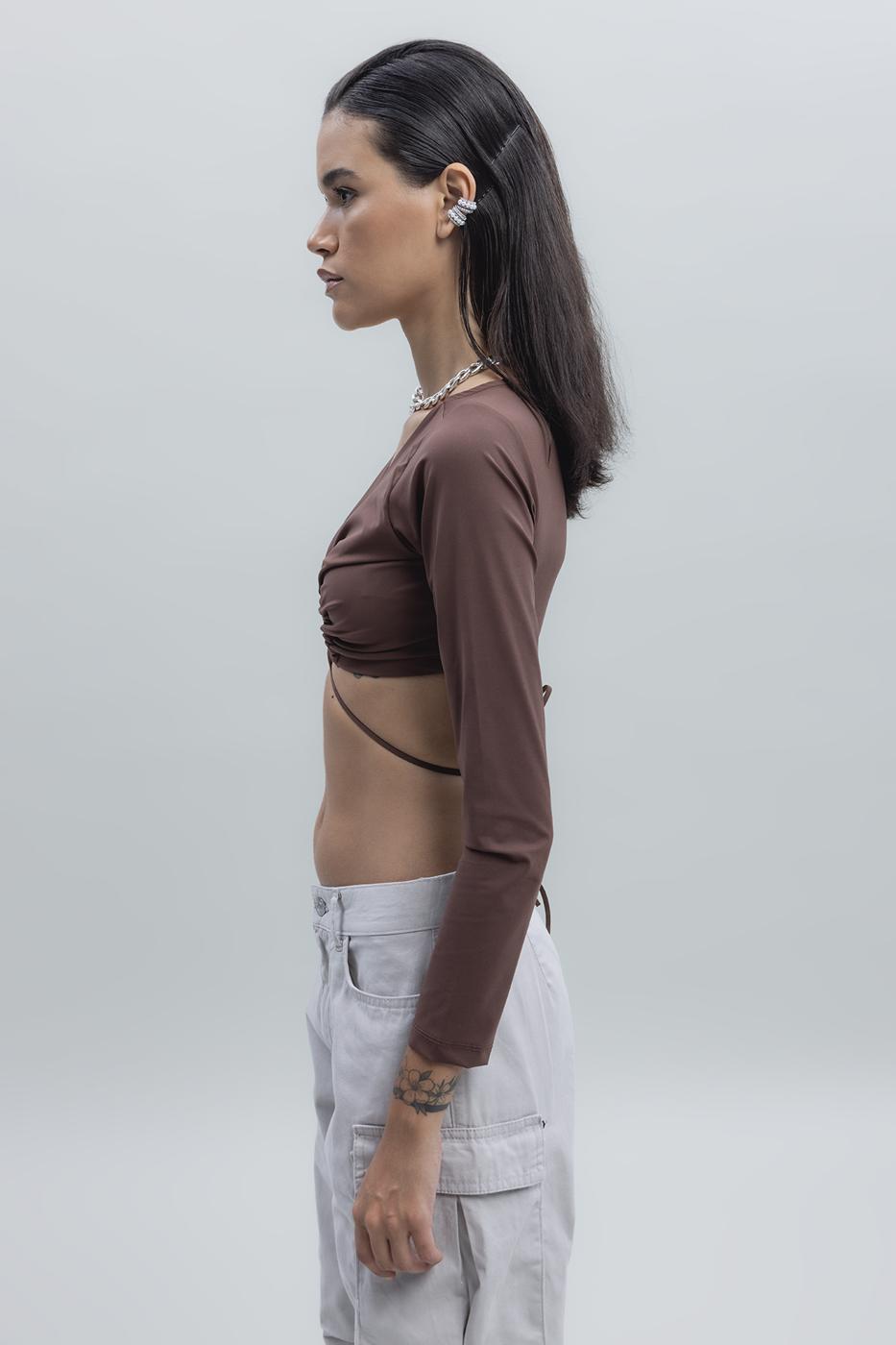 Bayan Kahverengi Bağlamalı Crop Top