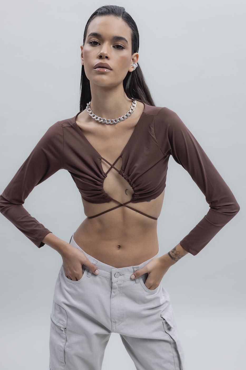 Bayan Kahverengi Bağlamalı Crop Top