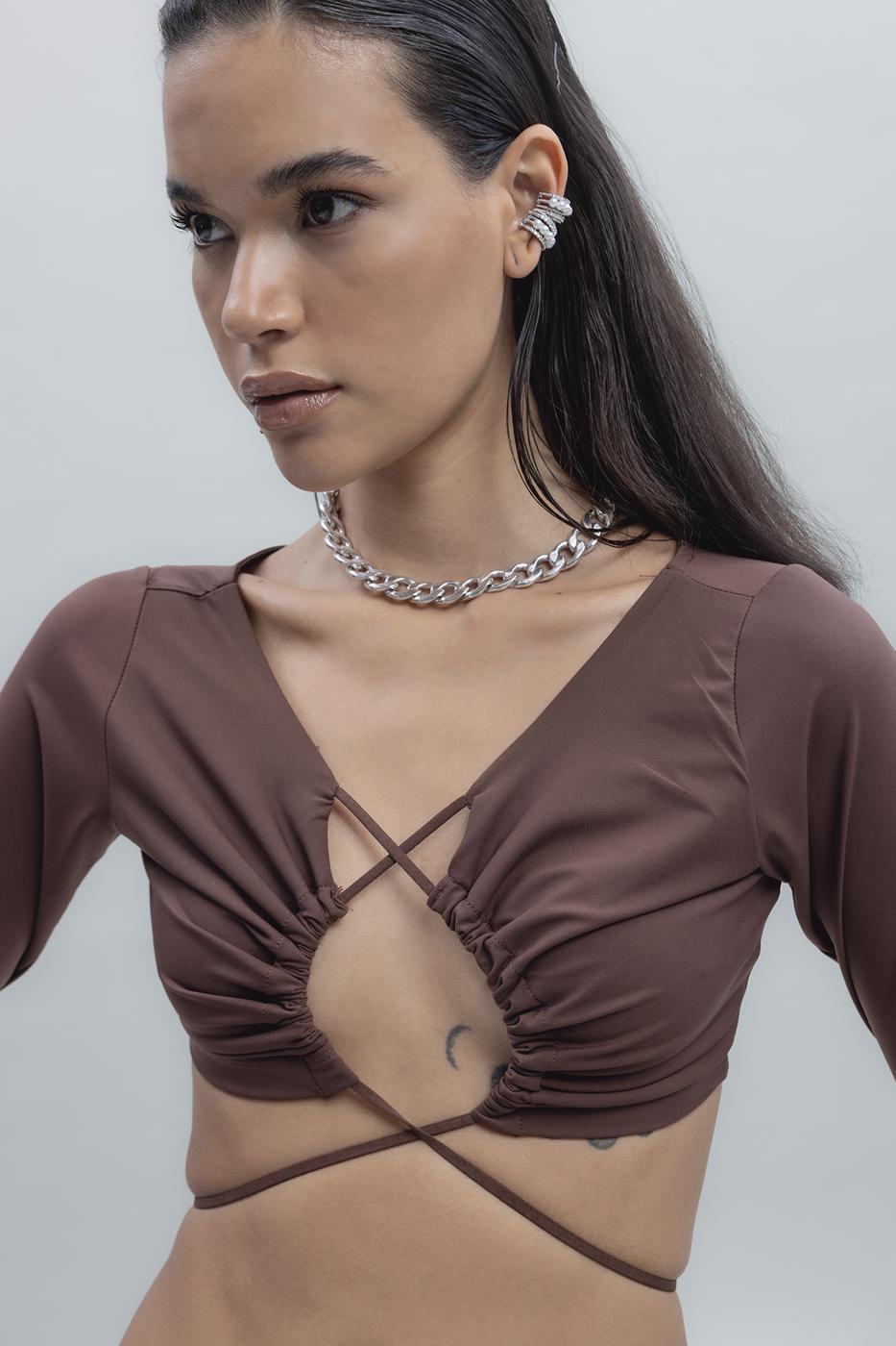 Bayan Kahverengi Bağlamalı Crop Top