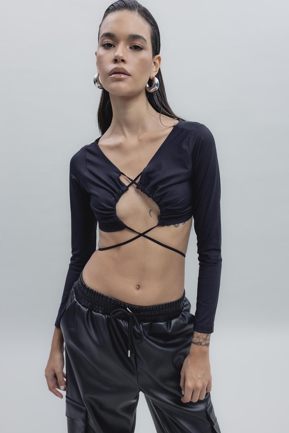 Bayan Siyah Bağlamalı Crop Top