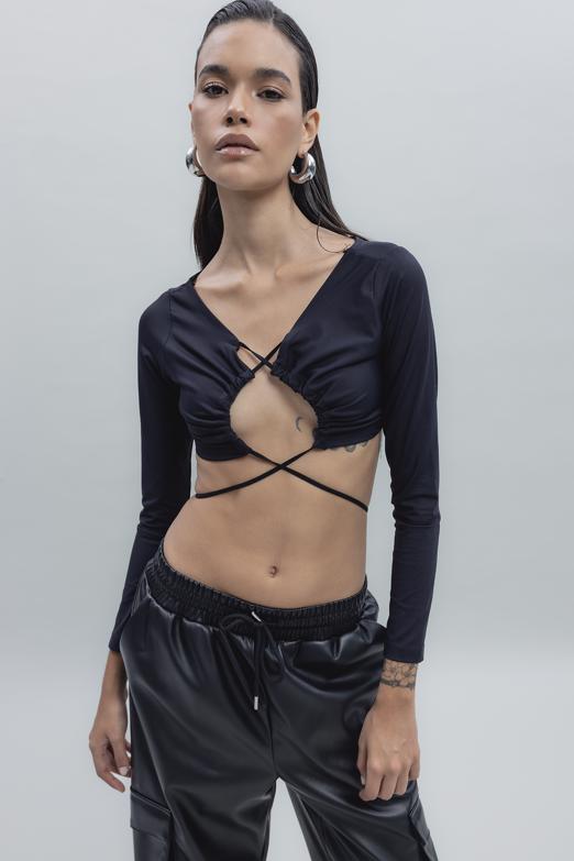 Bayan Siyah Bağlamalı Crop Top - BSL