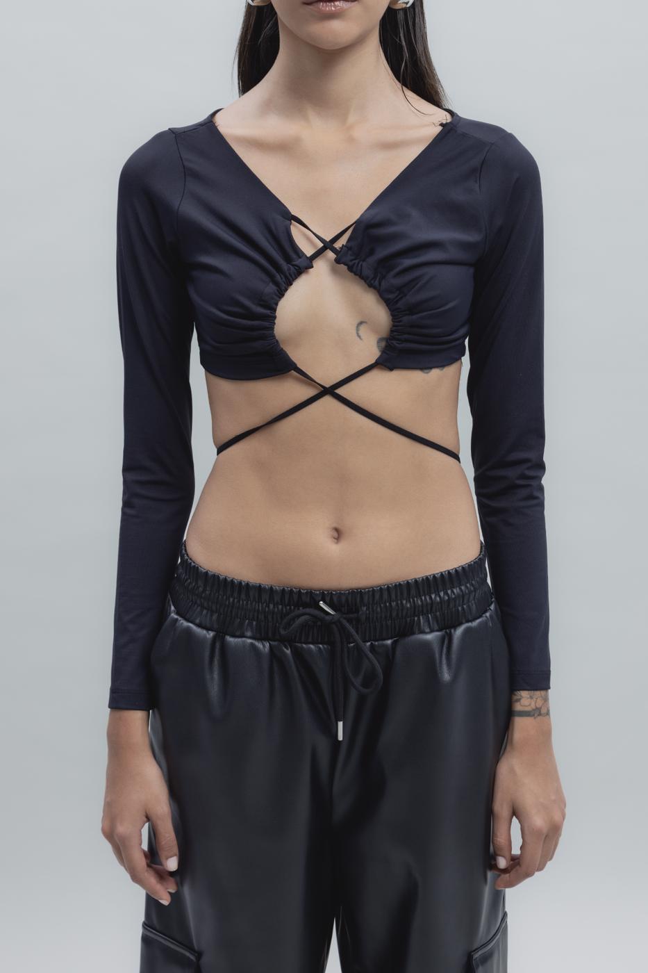 Bayan Siyah Bağlamalı Crop Top