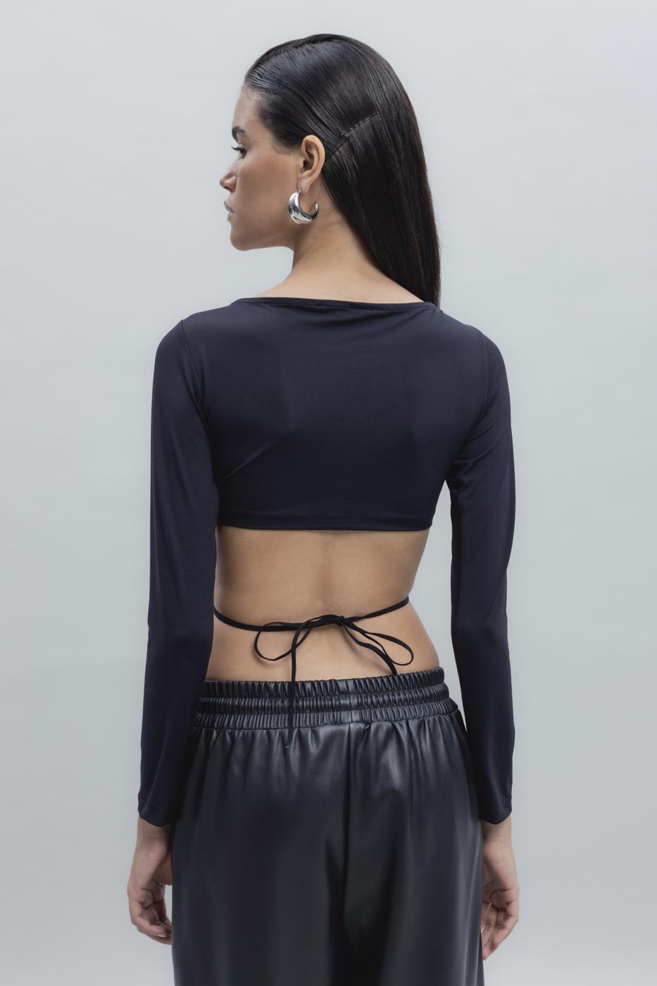 Bayan Siyah Bağlamalı Crop Top