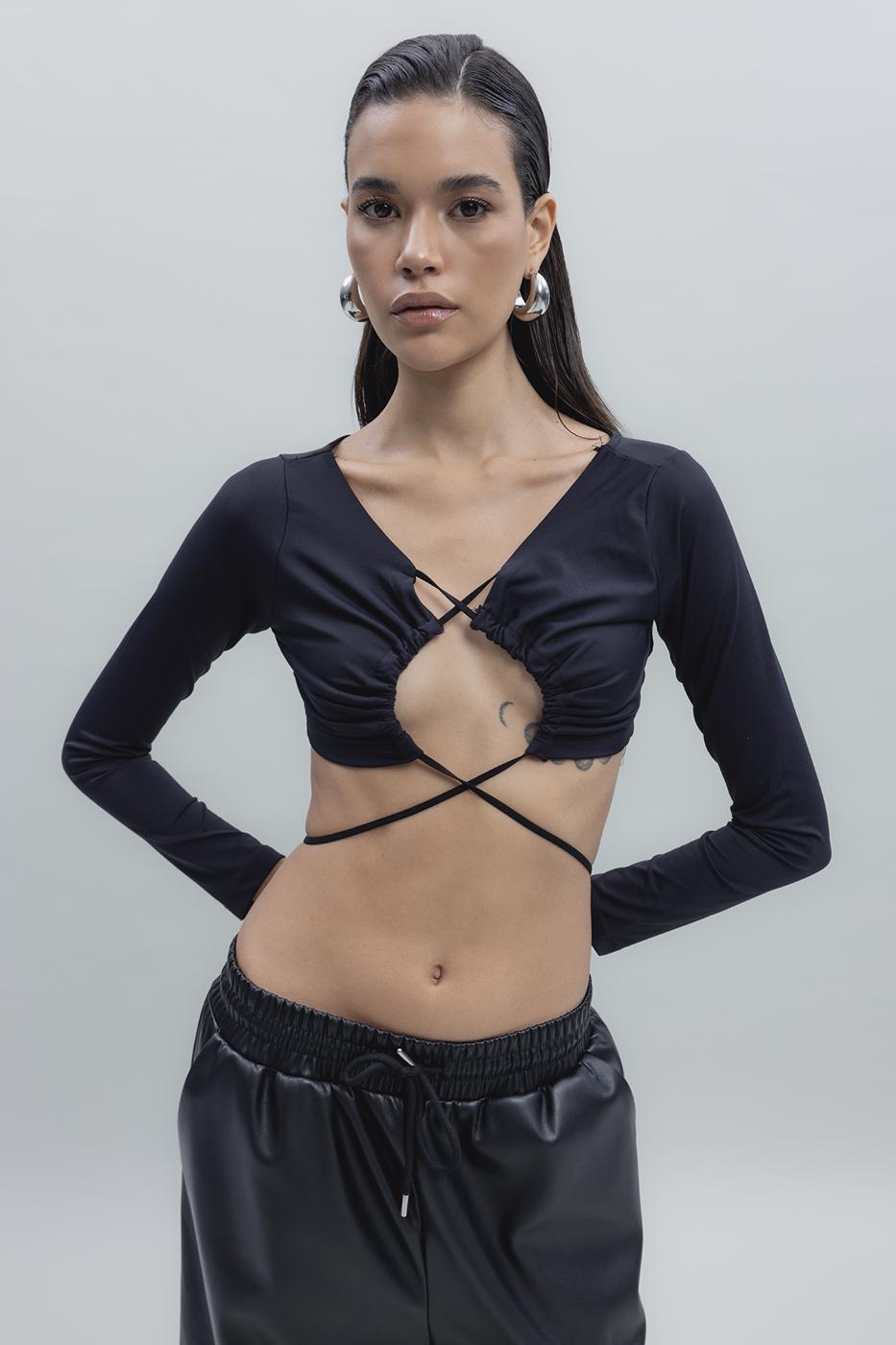 Bayan Siyah Bağlamalı Crop Top