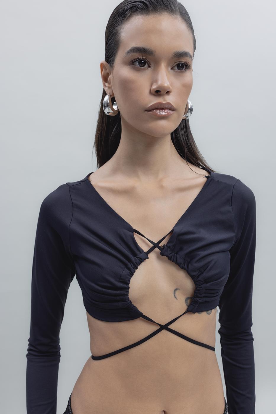 Bayan Siyah Bağlamalı Crop Top