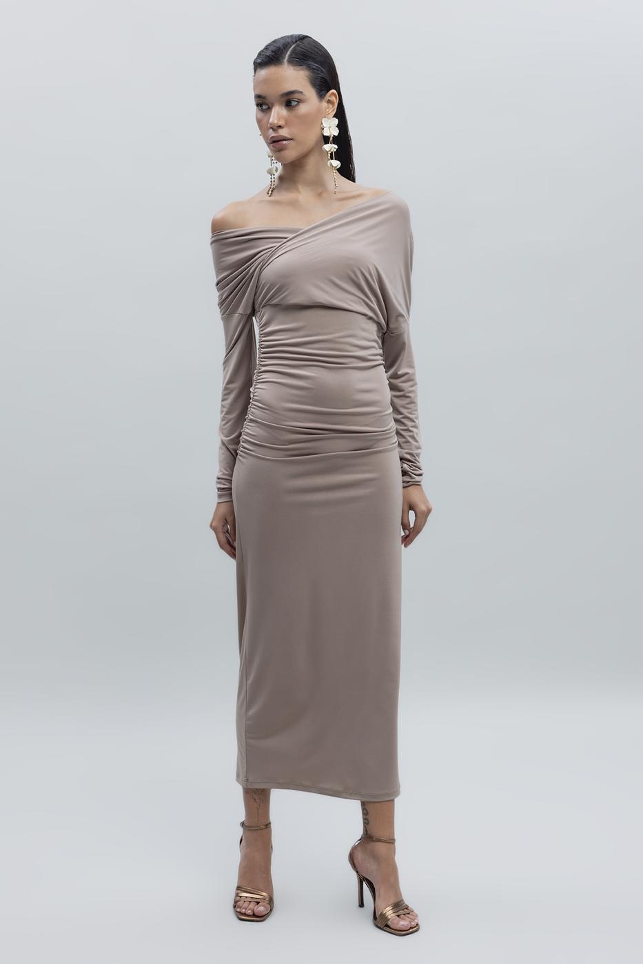 Bayan Kahverengi Omuz Dekolteli Midi Kalem Elbise