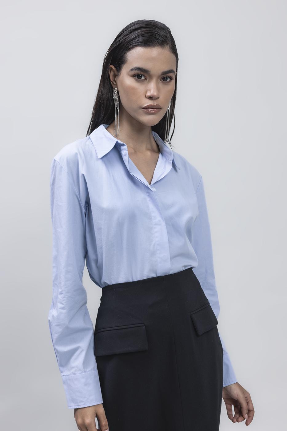 Bayan Mavi Poplin Gömlek