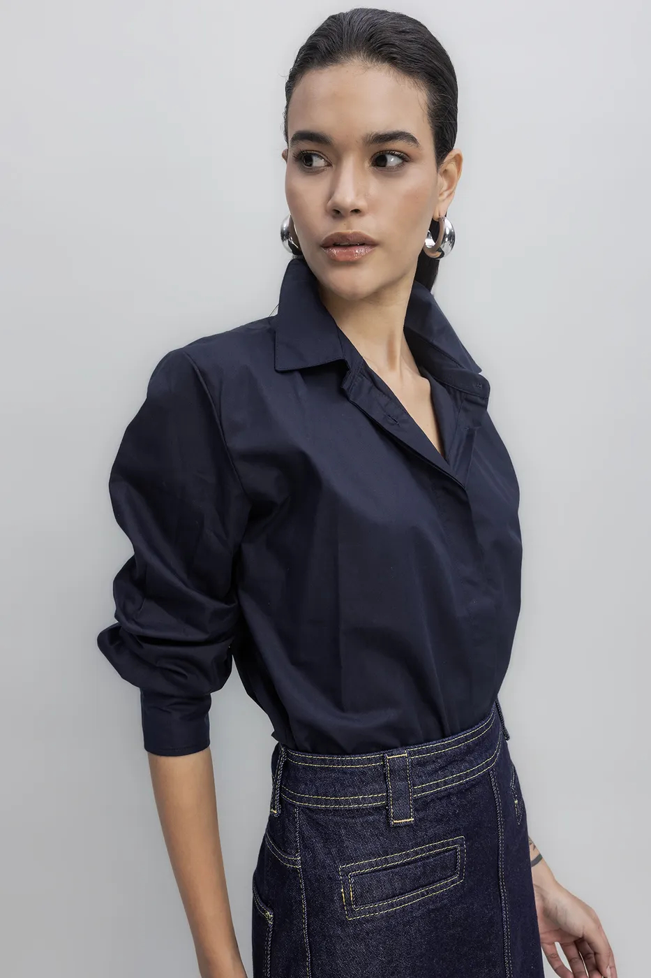 Bayan Lacivert Poplin Gömlek