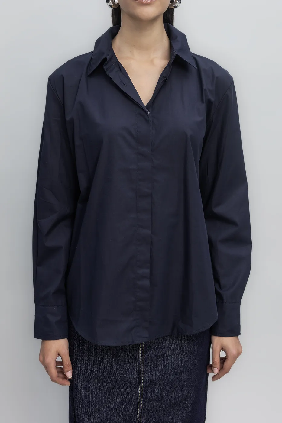 Bayan Lacivert Poplin Gömlek