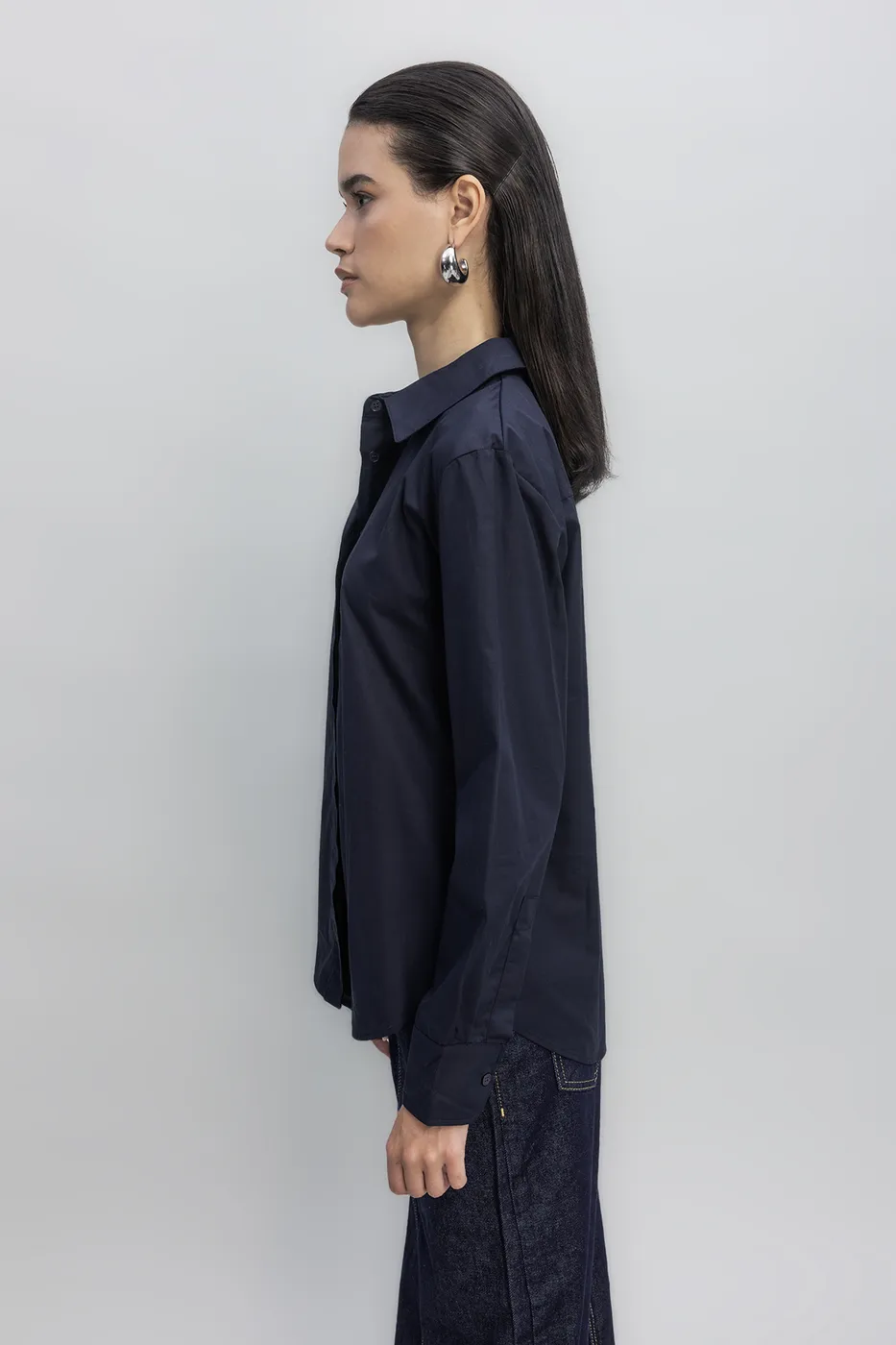 Bayan Lacivert Poplin Gömlek