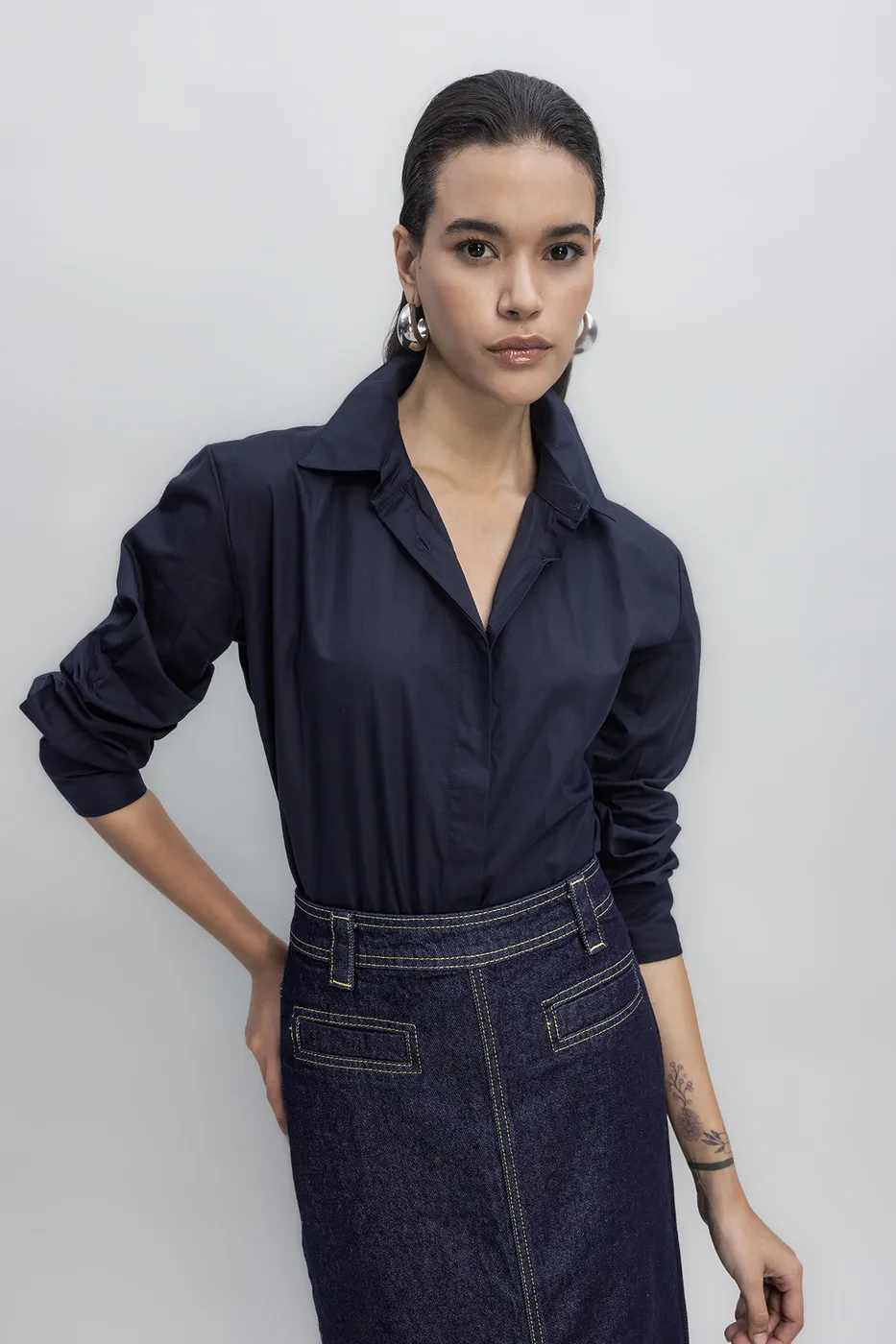 Bayan Lacivert Poplin Gömlek