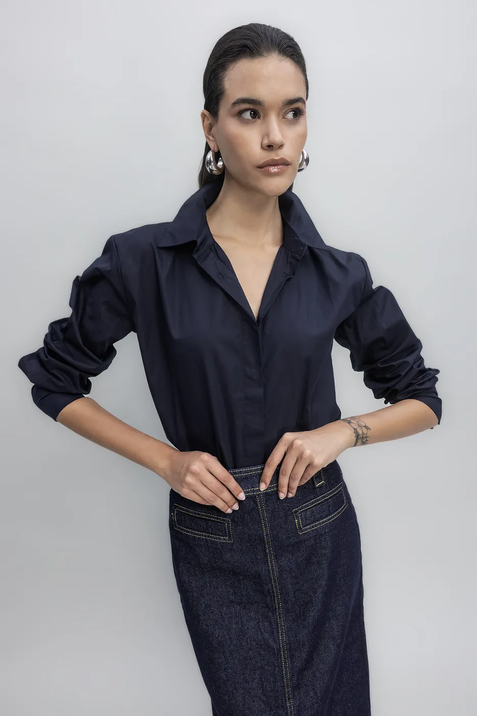 Bayan Lacivert Poplin Gömlek