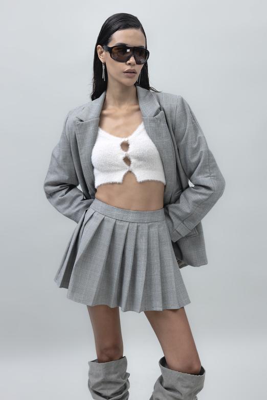 Bayan Gri Pileli Mini Etek - BSL