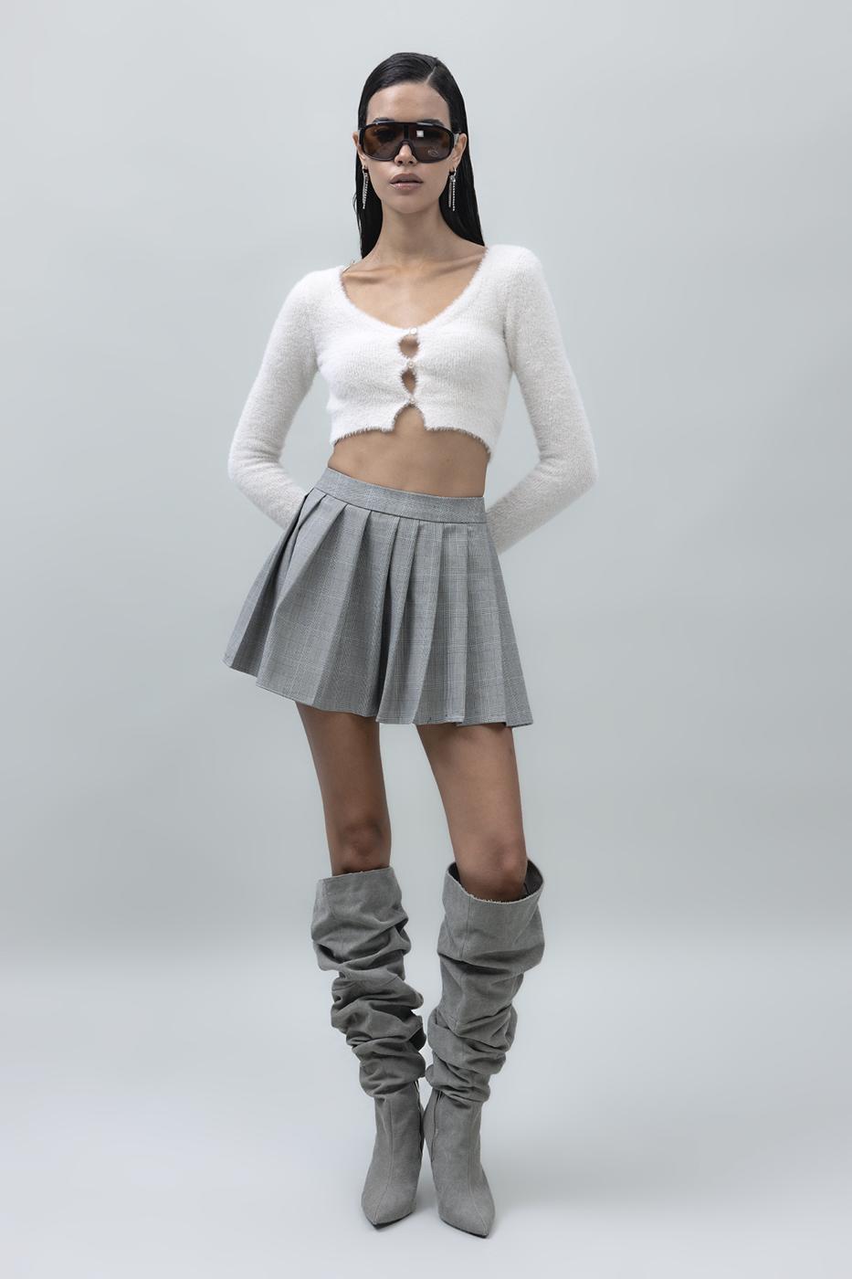 Bayan Gri Pileli Mini Etek