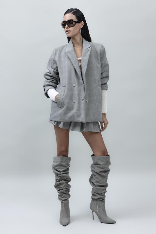 Bayan Gri Kruvaze Kapama Blazer Ceket - BSL