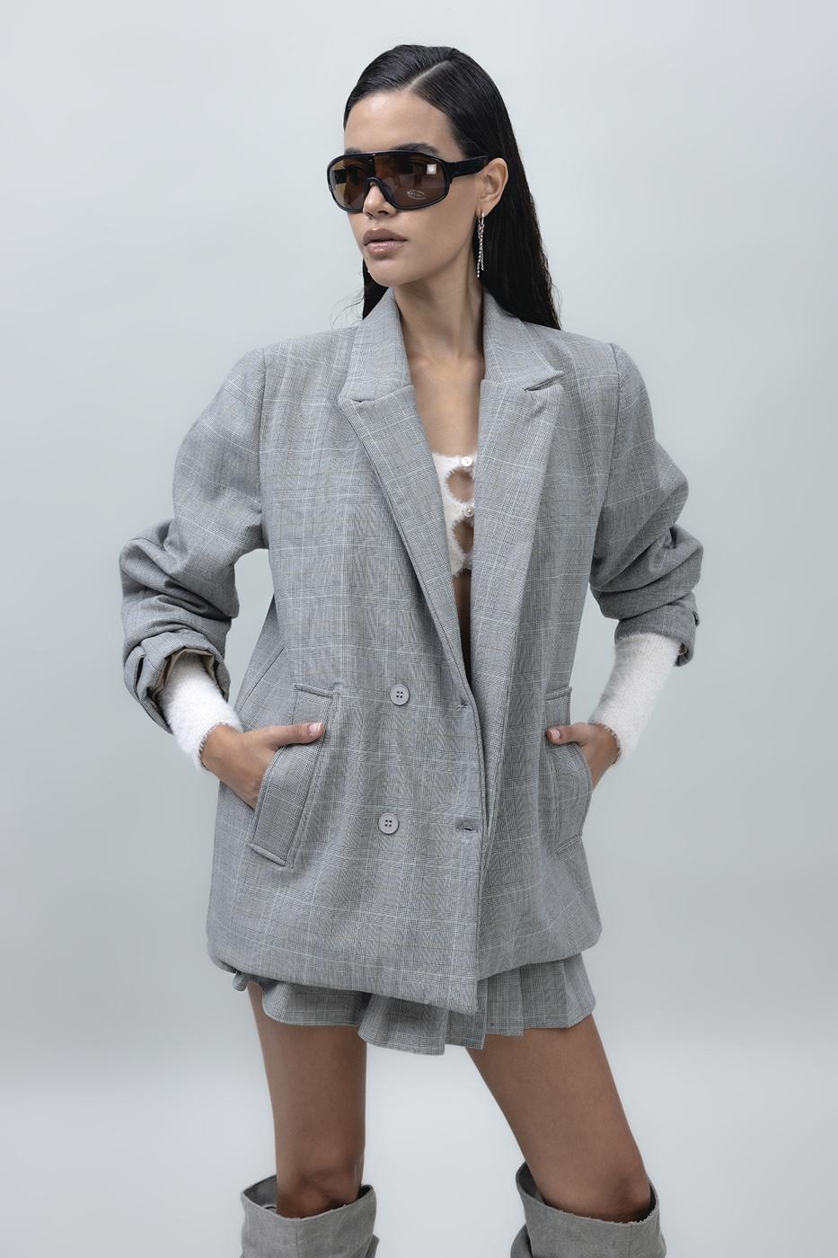 Bayan Gri Kruvaze Kapama Blazer Ceket