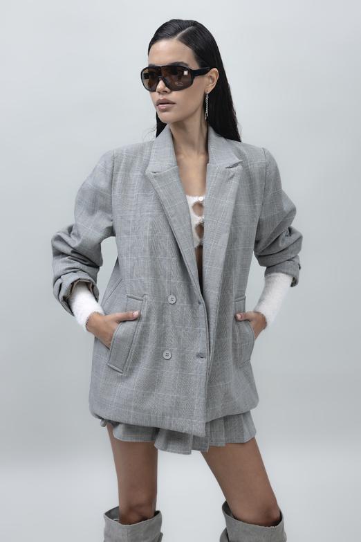 Bayan Gri Kruvaze Kapama Blazer Ceket - BSL