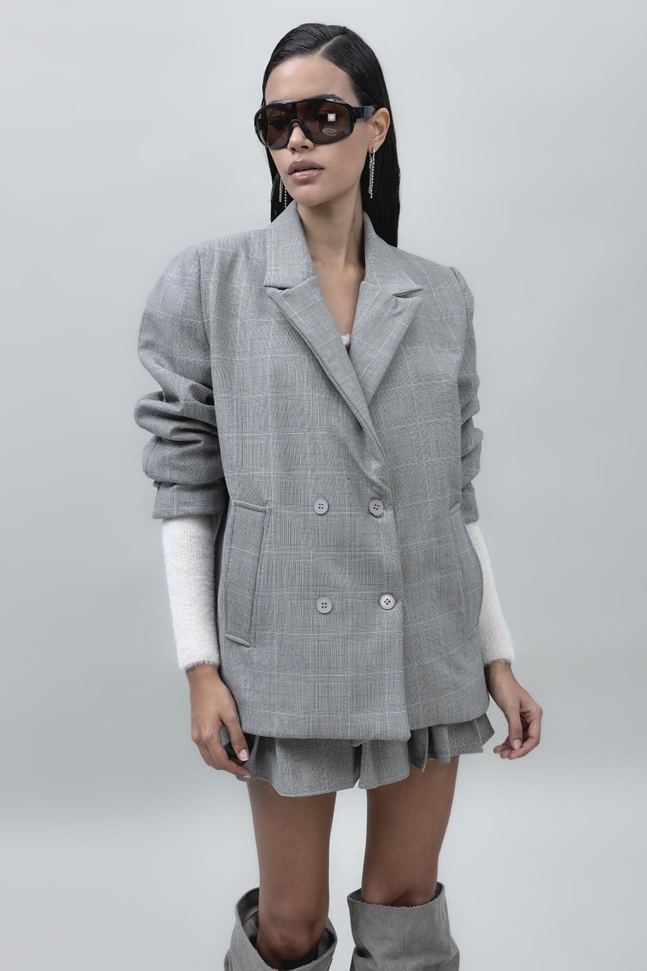 Bayan Gri Kruvaze Kapama Blazer Ceket