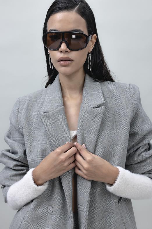 Bayan Gri Kruvaze Kapama Blazer Ceket - BSL