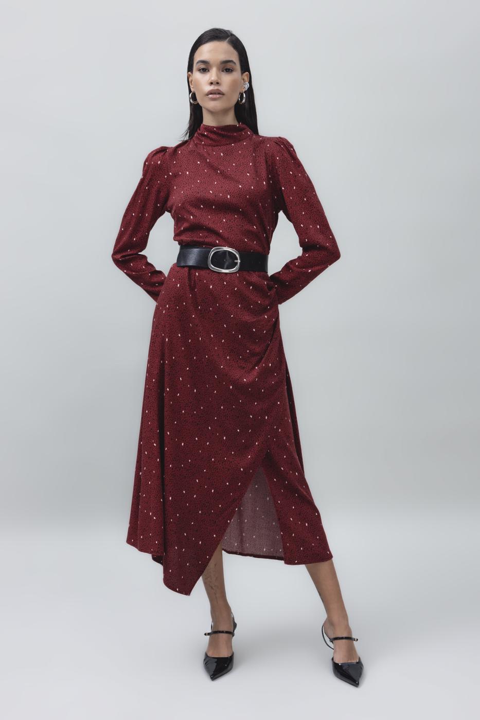 Bayan Bordo Dik Yaka Detaylı Midi Boy Elbise