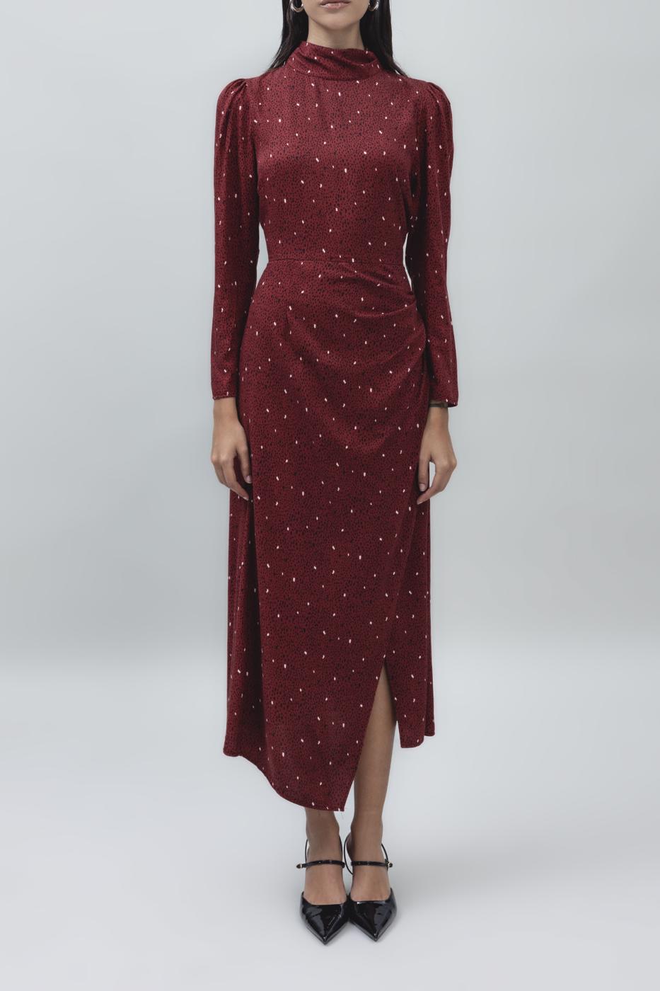 Bayan Bordo Dik Yaka Detaylı Midi Boy Elbise