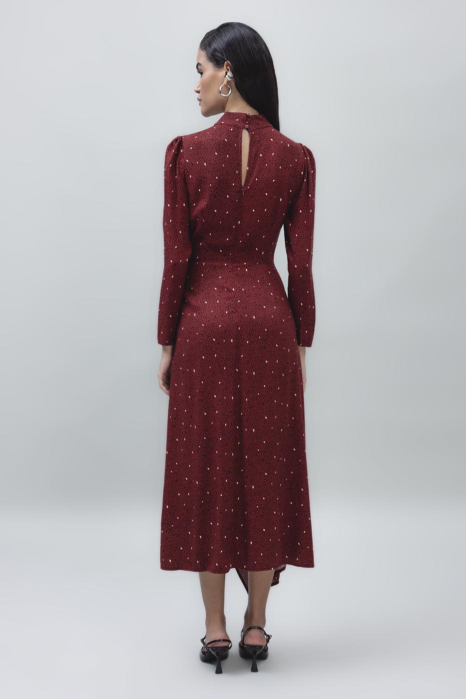 Bayan Bordo Dik Yaka Detaylı Midi Boy Elbise