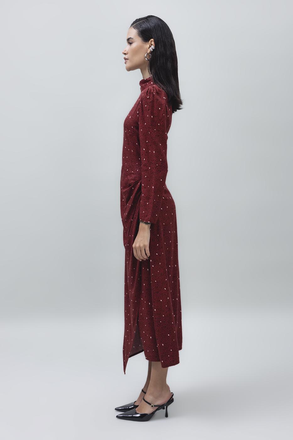 Bayan Bordo Dik Yaka Detaylı Midi Boy Elbise