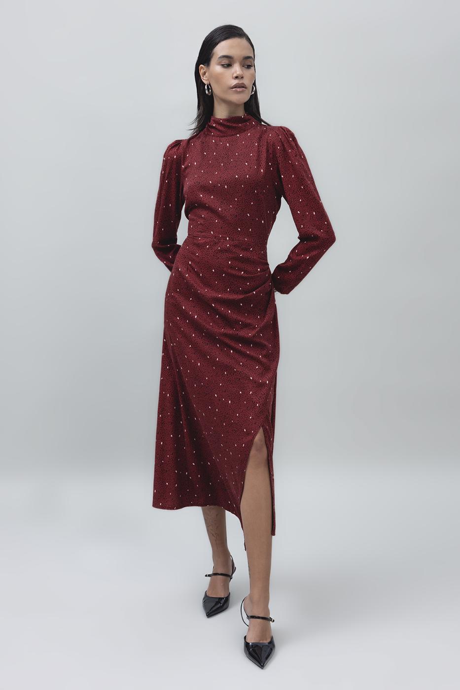 Bayan Bordo Dik Yaka Detaylı Midi Boy Elbise