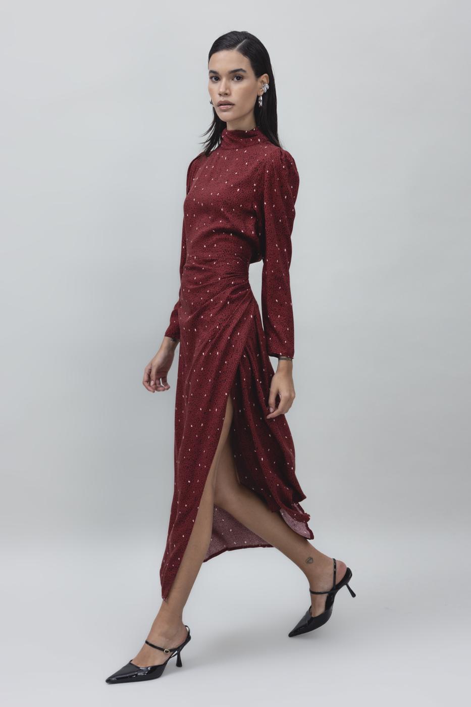 Bayan Bordo Dik Yaka Detaylı Midi Boy Elbise