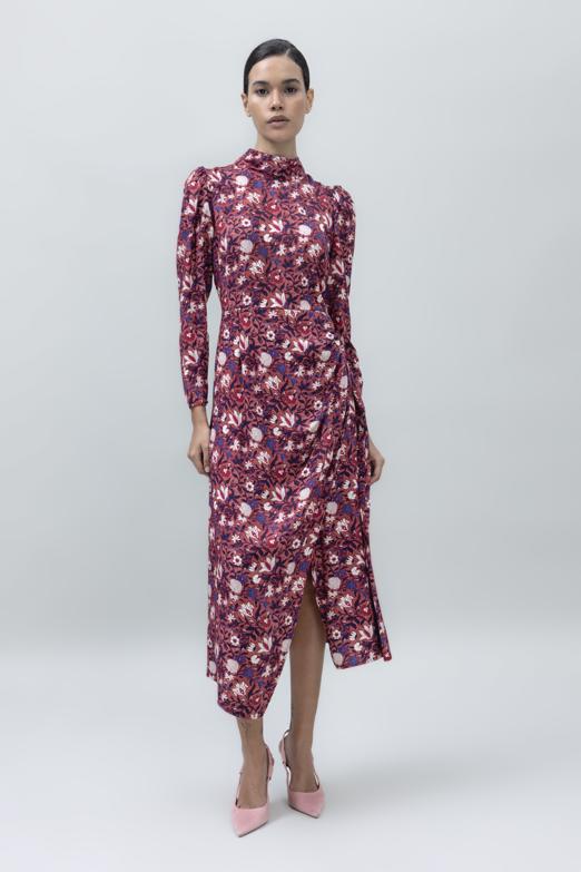 Bayan Pudra Dik Yaka Detaylı Midi Boy Elbise - BSL