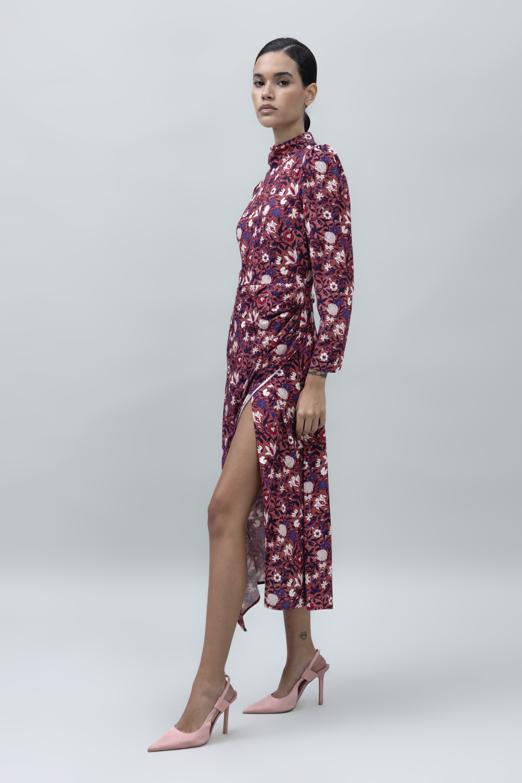 Bayan Pudra Dik Yaka Detaylı Midi Boy Elbise - BSL