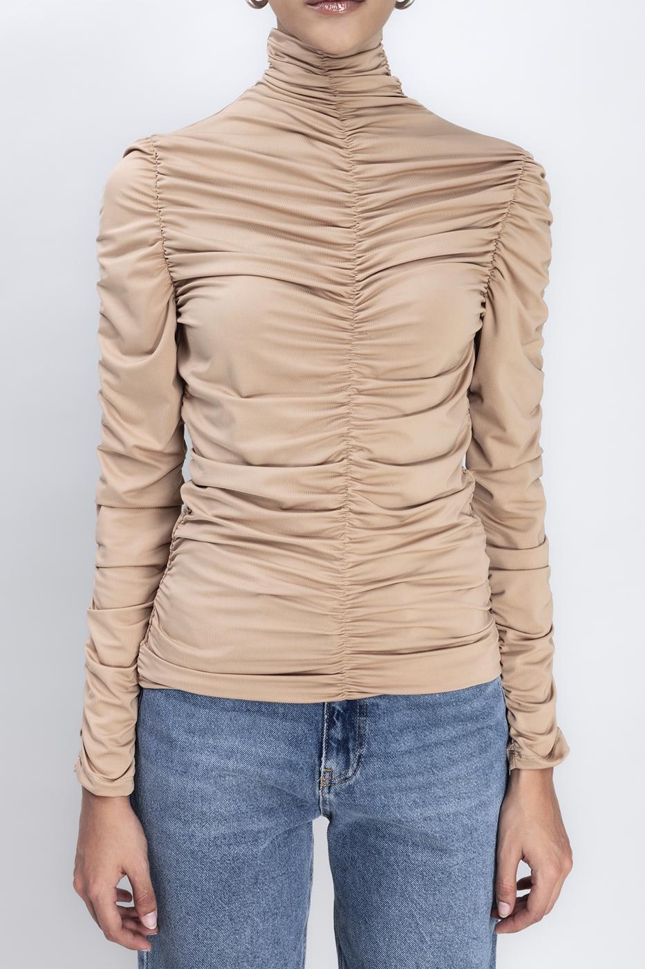 Bayan Bej Dik Yakalı Drapeli Top