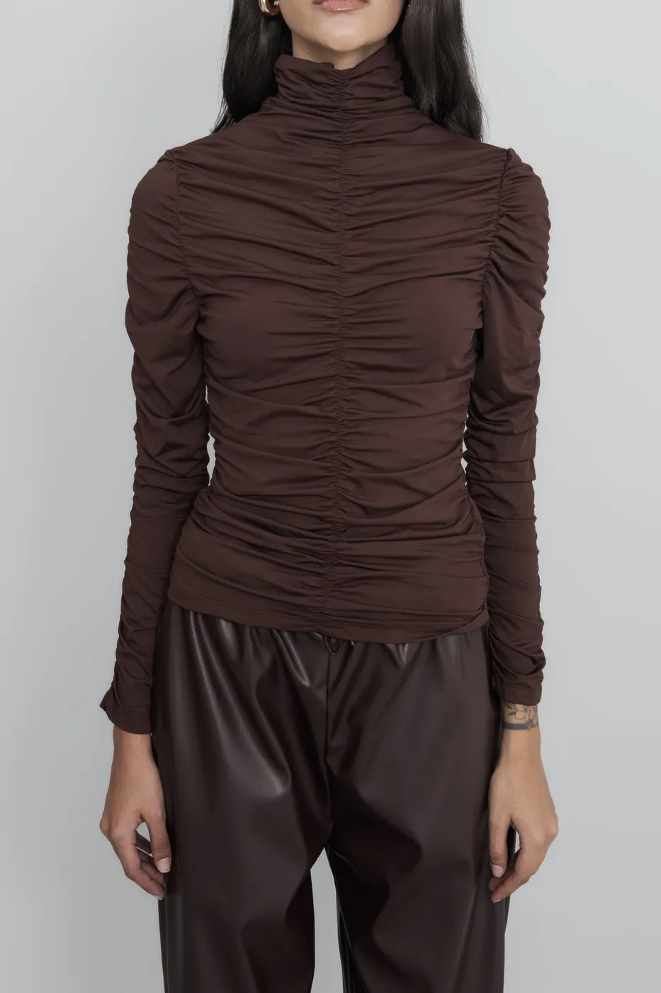 Bayan Kahverengi Dik Yakalı Drapeli Top