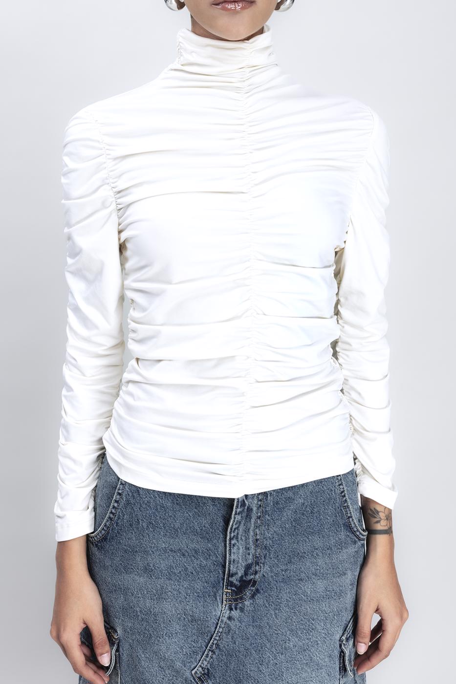 Bayan Krem Dik Yakalı Drapeli Top