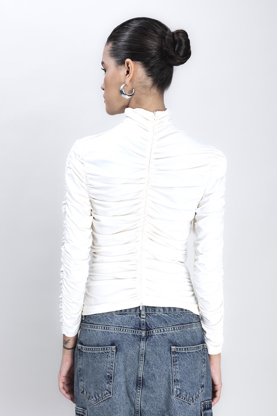 Bayan Krem Dik Yakalı Drapeli Top