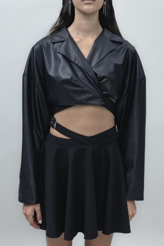 Bayan  Deri Görünümlü Crop Mont