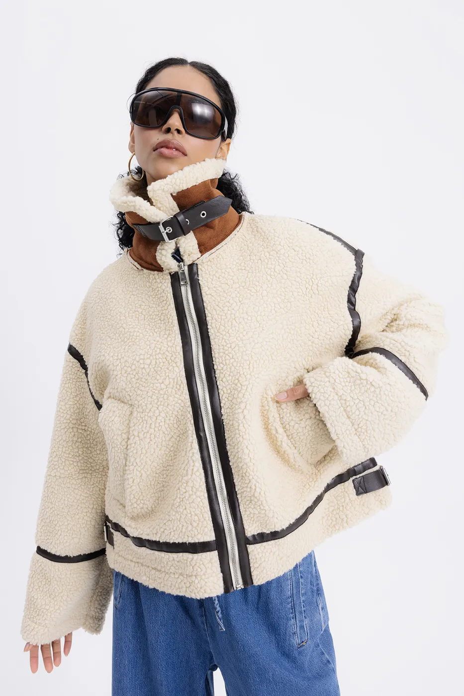 Bayan Bej Suni Kürklü Biker Ceket