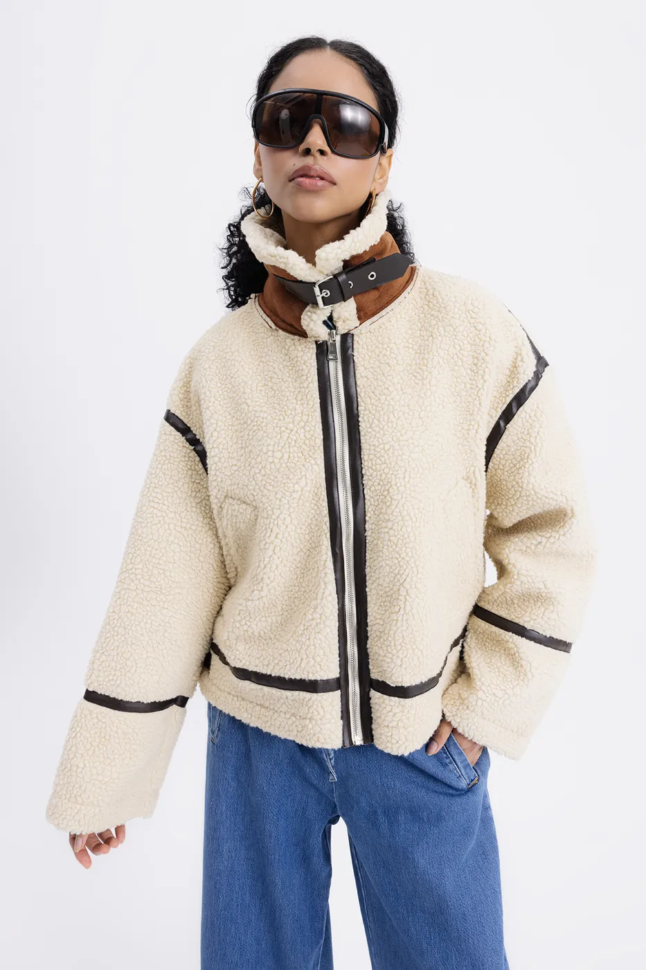 Bayan Bej Suni Kürklü Biker Ceket
