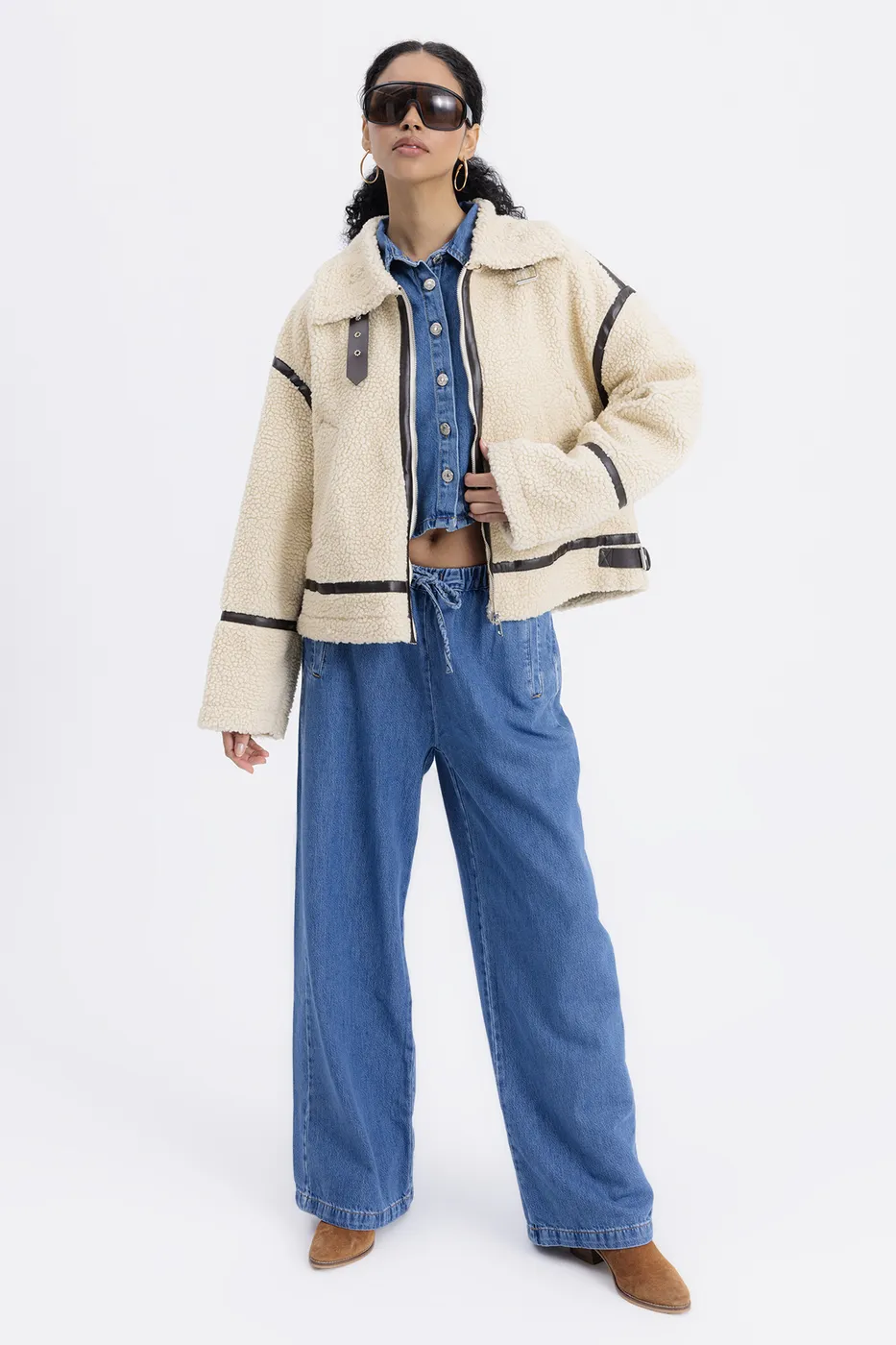 Bayan Bej Suni Kürklü Biker Ceket