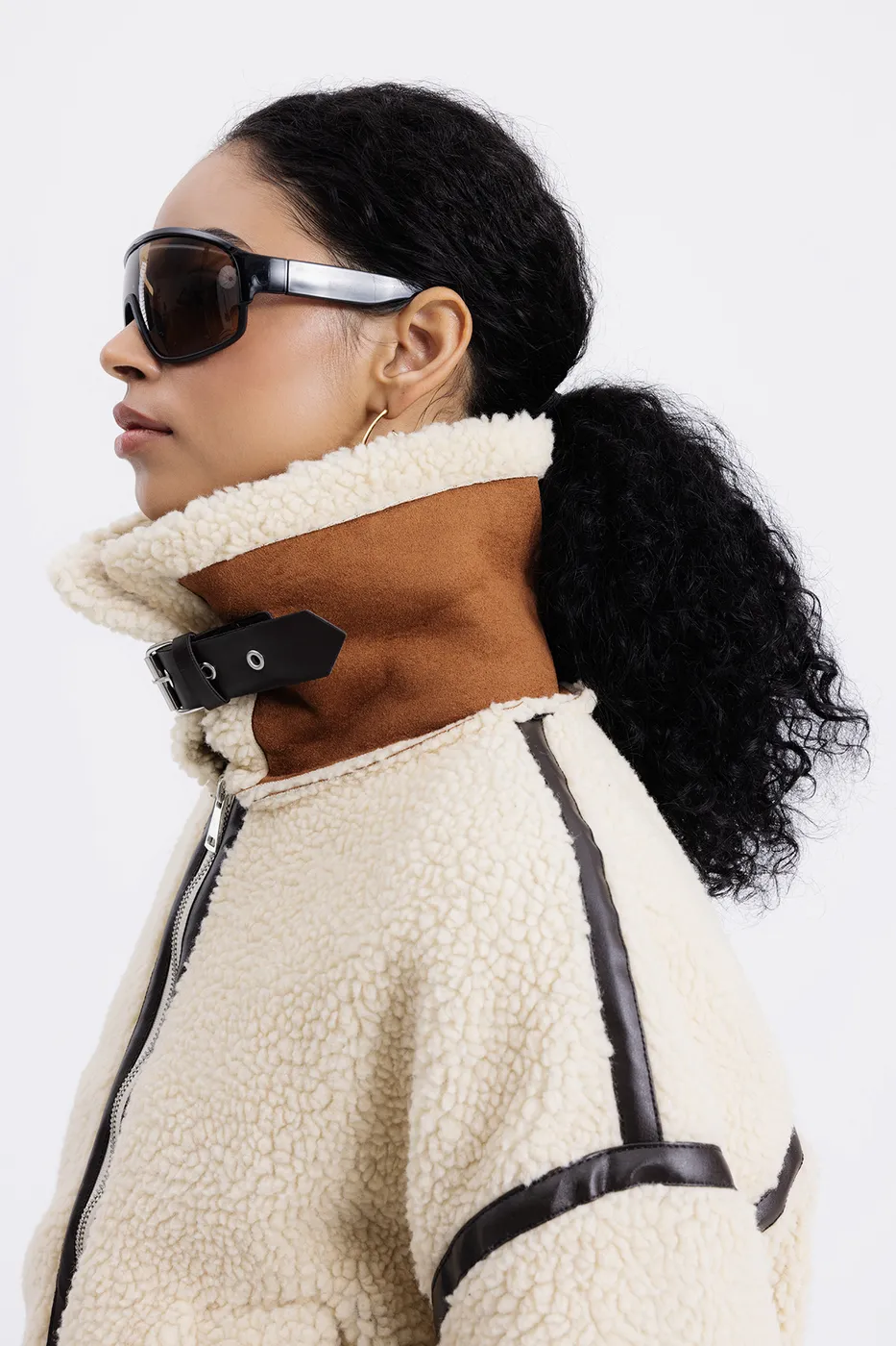 Bayan Bej Suni Kürklü Biker Ceket