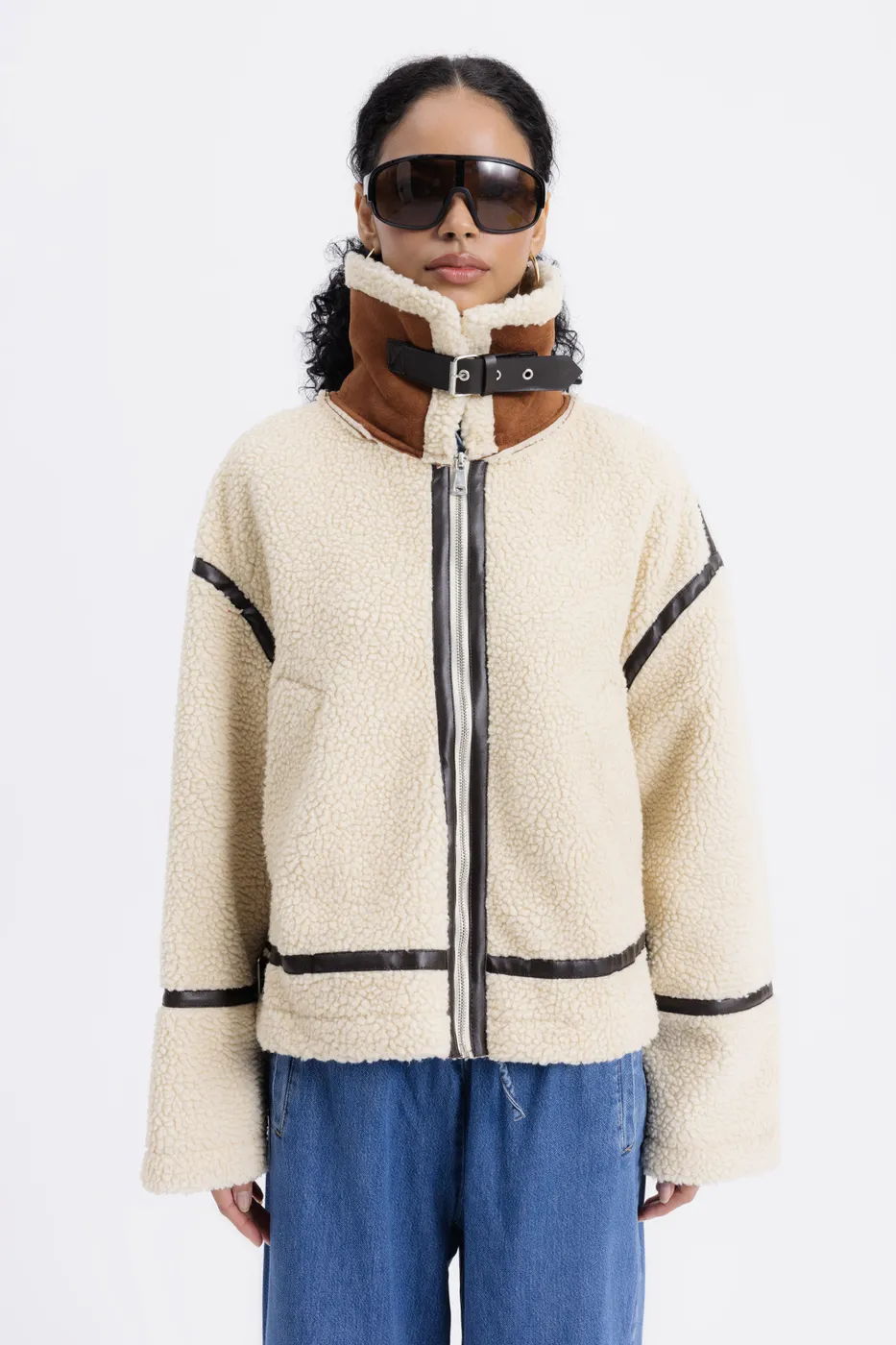 Bayan Bej Suni Kürklü Biker Ceket
