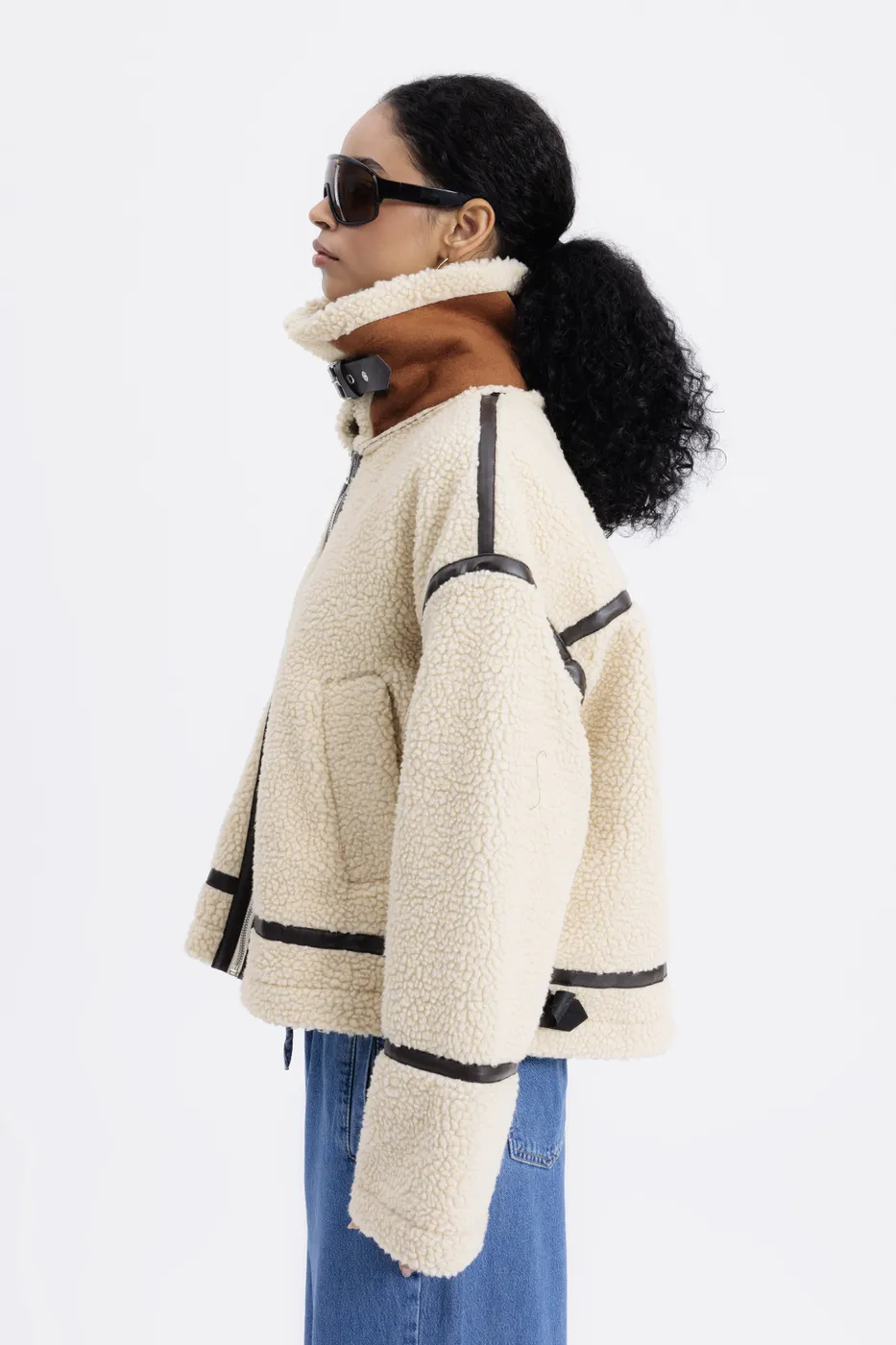 Bayan Bej Suni Kürklü Biker Ceket