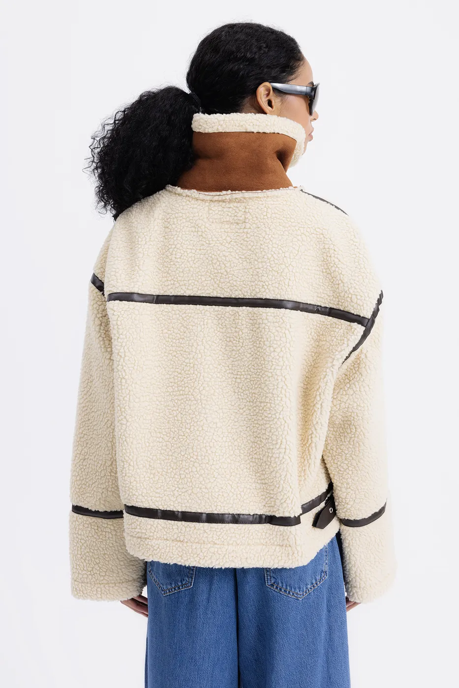 Bayan Bej Suni Kürklü Biker Ceket