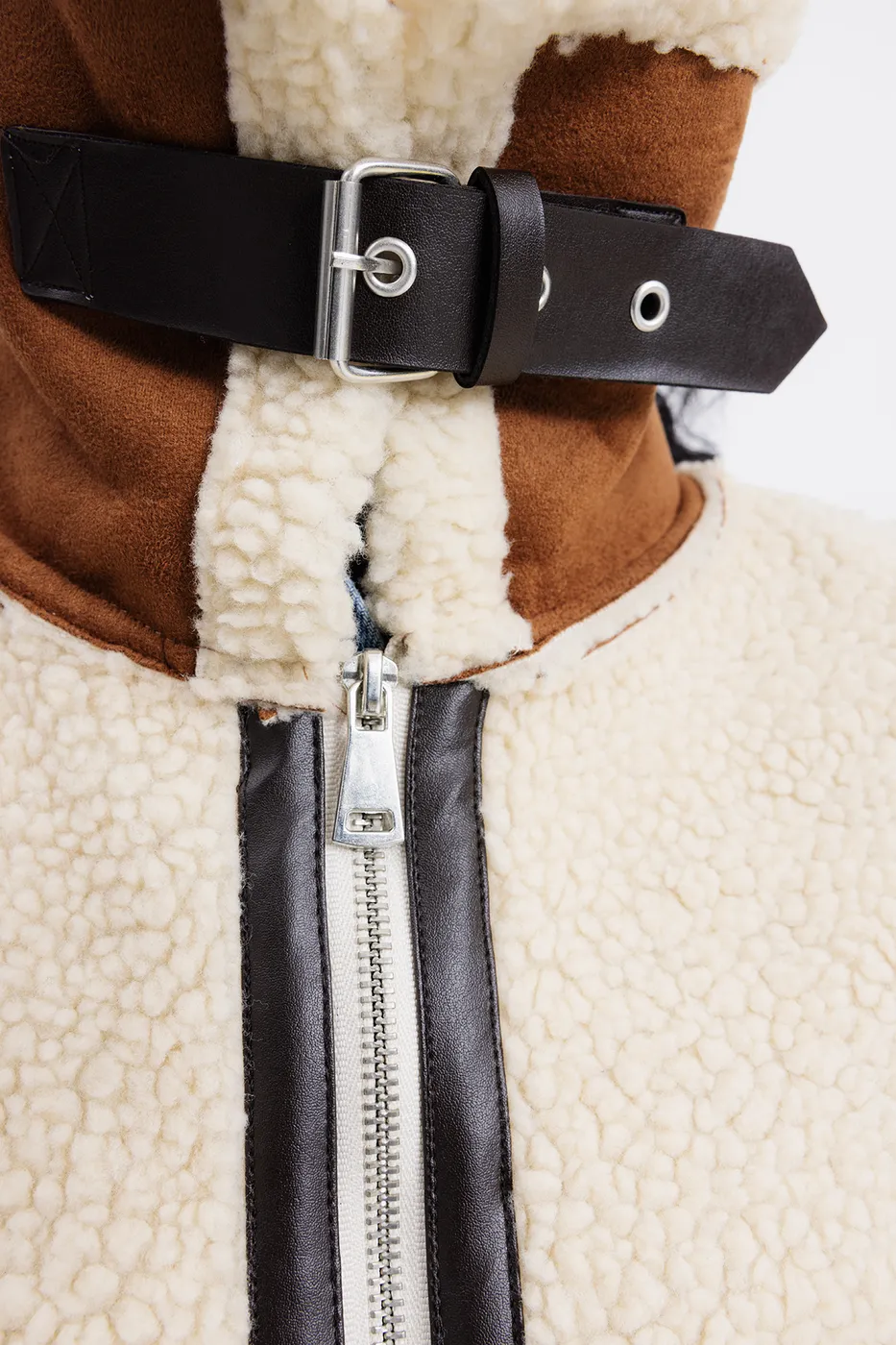 Bayan Bej Suni Kürklü Biker Ceket